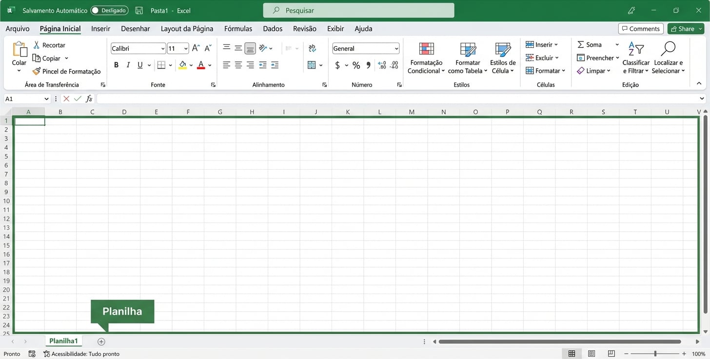 Arquivo do Excel destacando a área da planilha