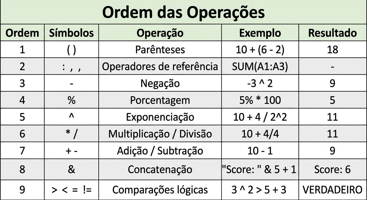 Lista da ordem de operações do Excel com exemplos