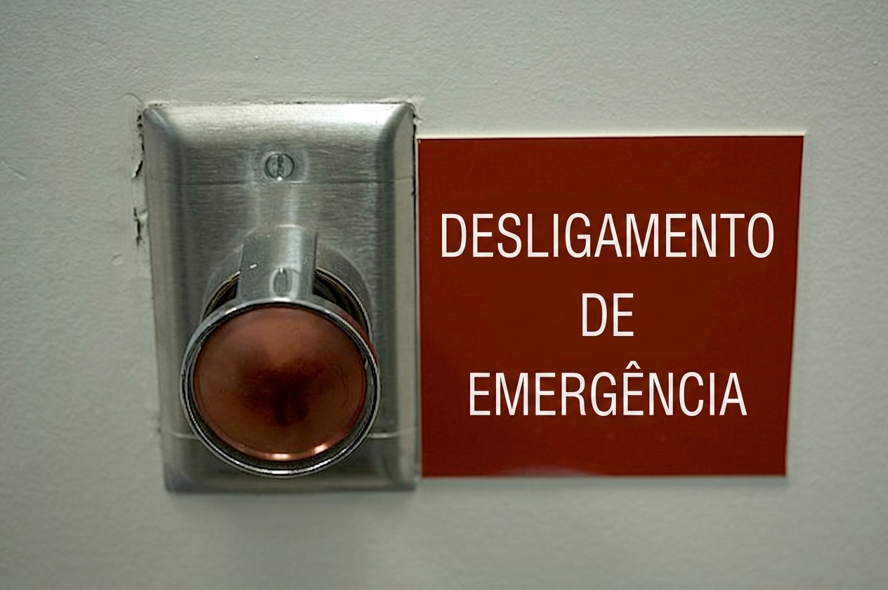 Imagem de um botão vermelho grande com uma placa ao lado dizendo “Desligamento em caso de emergência”