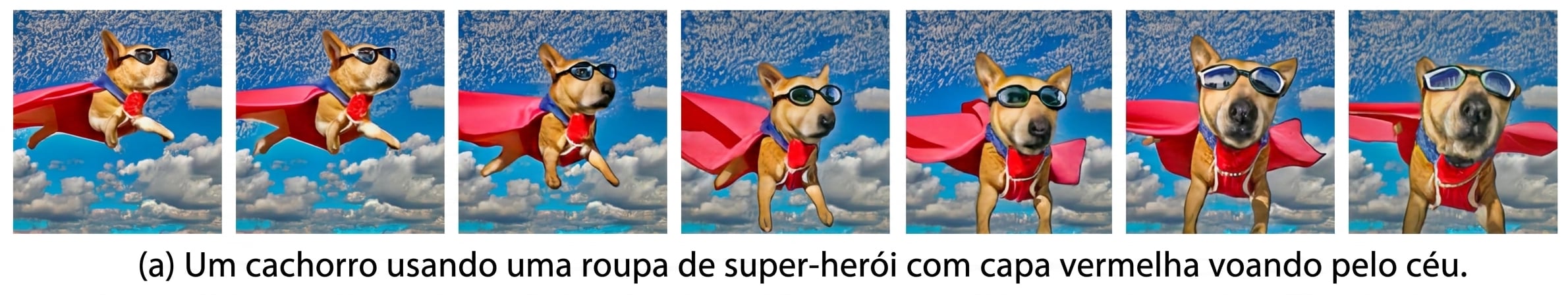 Quadros de um vídeo gerado por IA com um cão voador