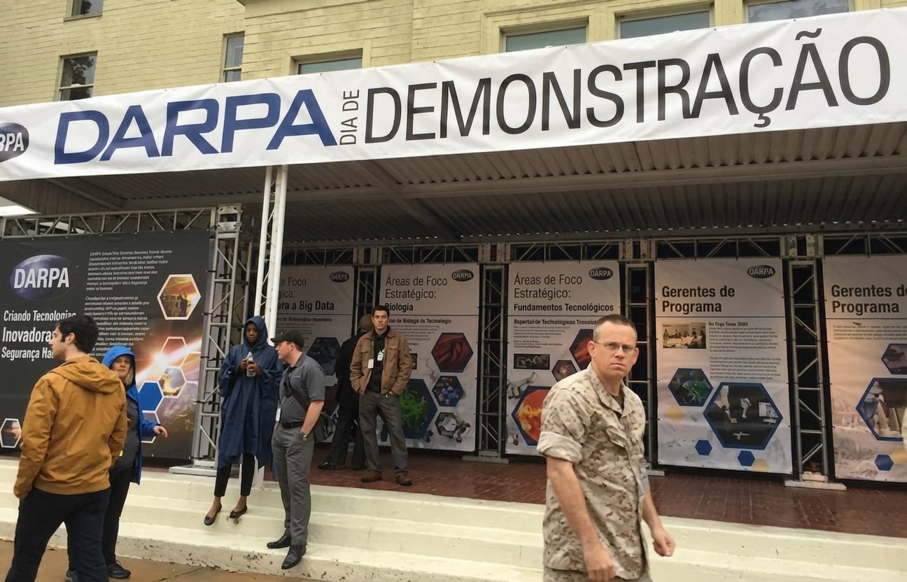 Imagem de estandes de um evento com um banner na parte superior que diz “DARPA Demo Day”