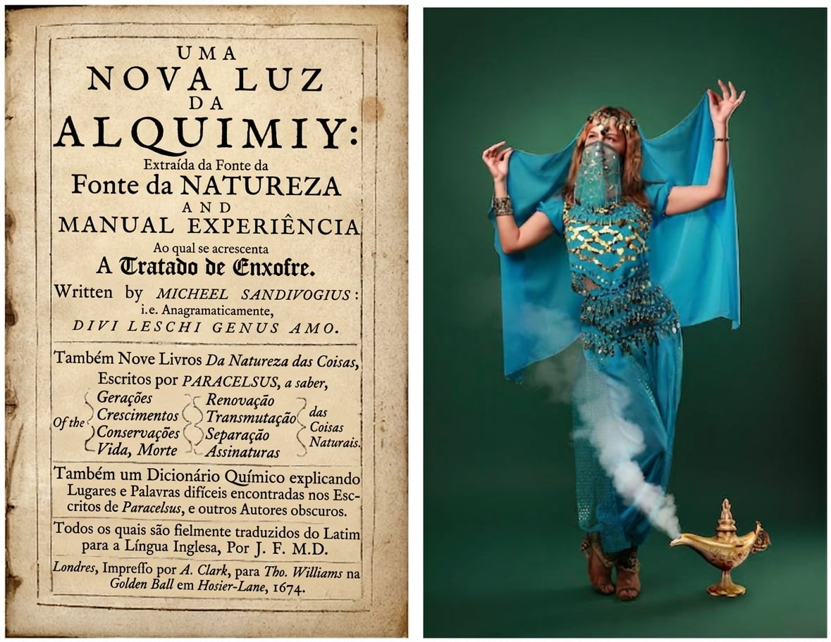 Imagens de um manuscrito de alquimia e um gênio saindo de uma lâmpada mágica