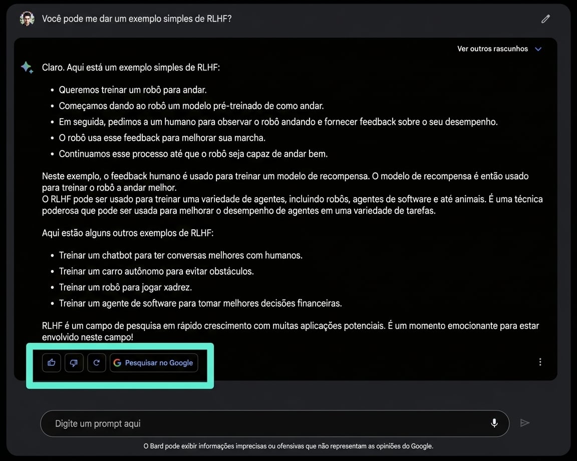 Imagem da interface do chat Google Bard com as opções de feedback “polegar para cima” e “polegar para baixo” em destaque