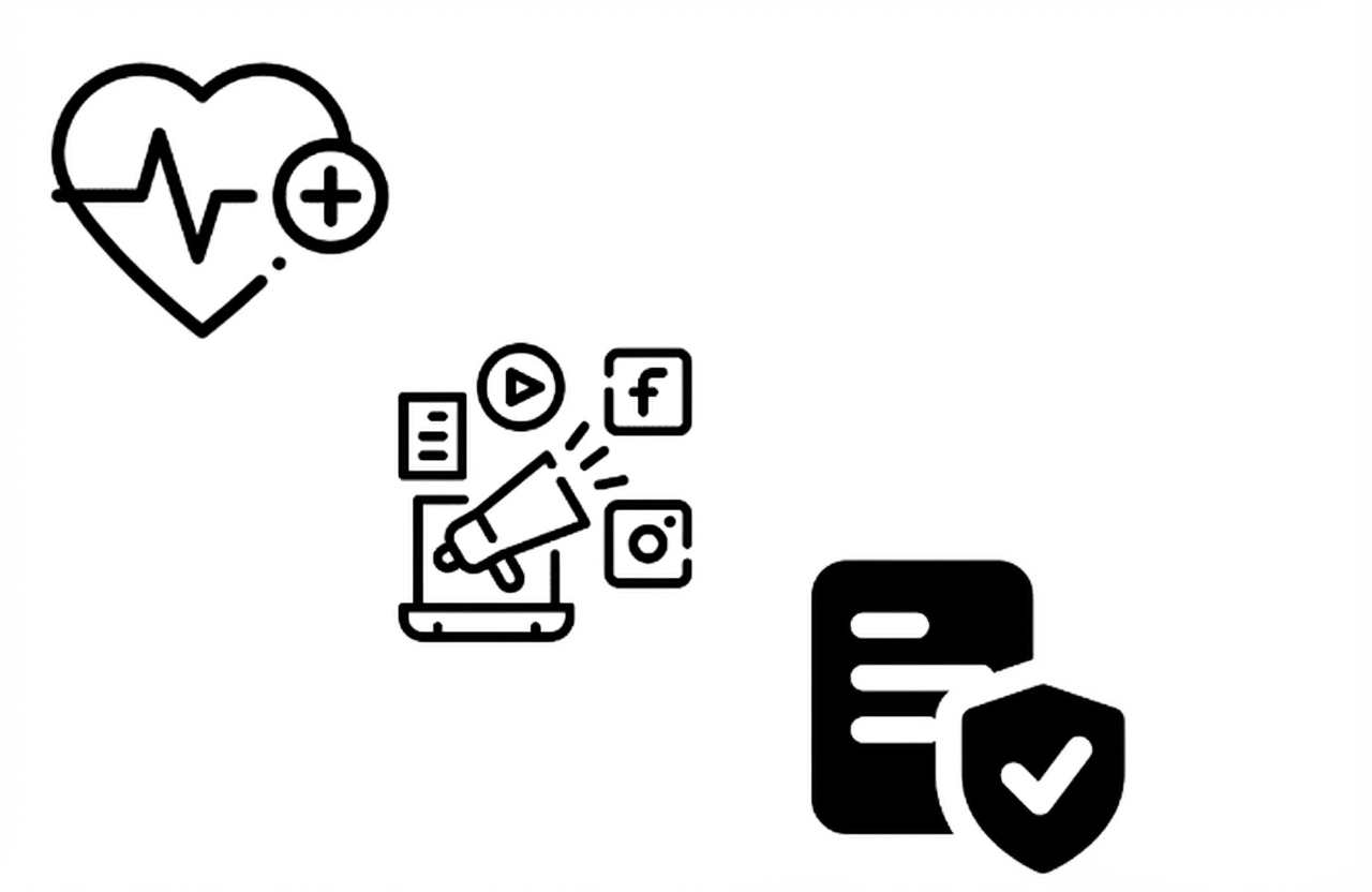 Ícones que representam os setores de saúde, mídia e seguros.