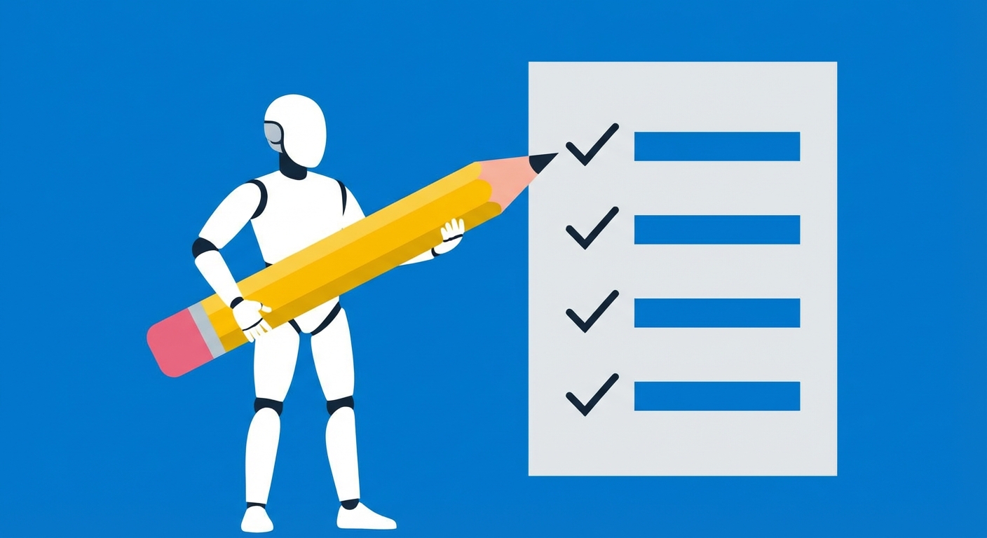 Uma imagem mostrando um robô ao lado de uma lista de verificação.