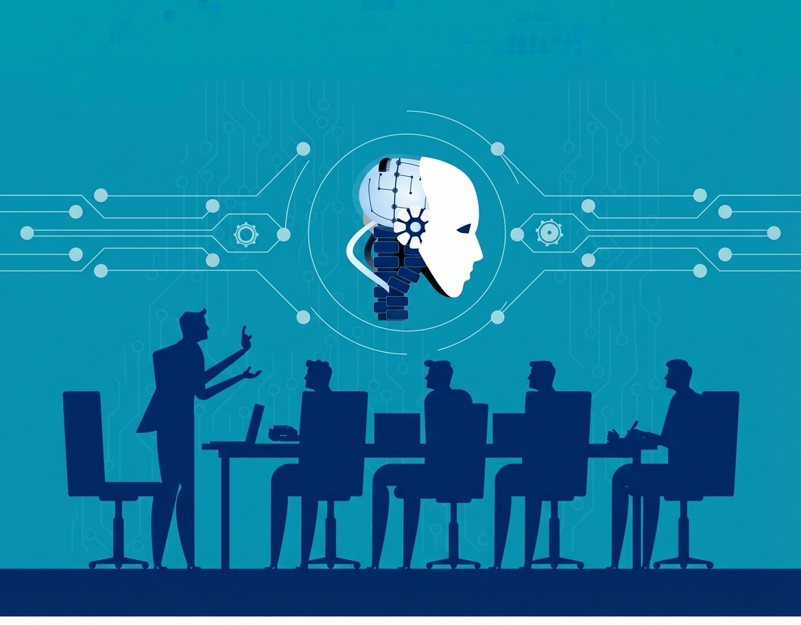 Uma ilustração de pessoas levantando preocupações sobre IA durante uma reunião.