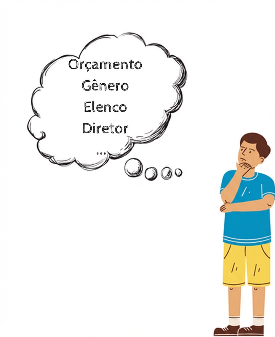 Uma pessoa pensando em características como orçamento, gênero, elenco e diretor.