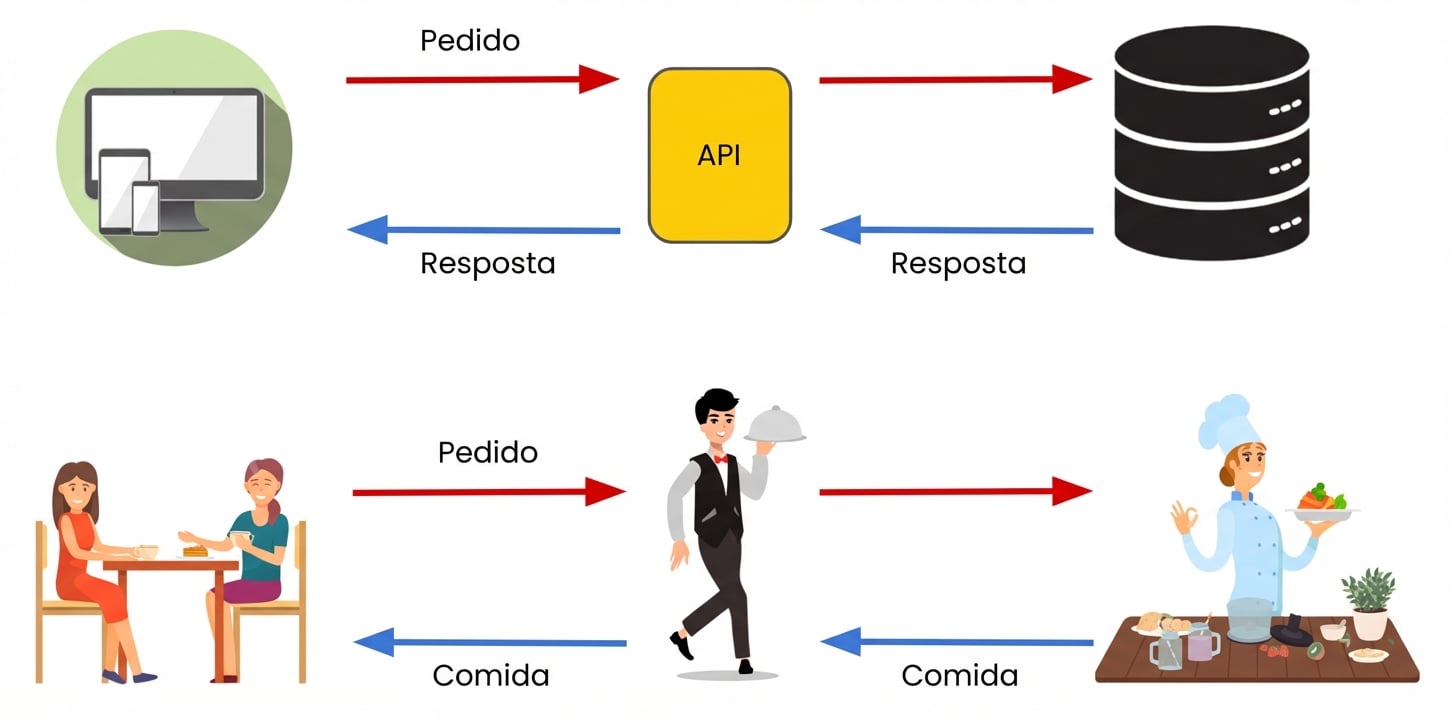Um garçom levando pedidos e comida entre a cozinha e as mesas. Isso imita como APIs operam entre dispositivos e sistemas.