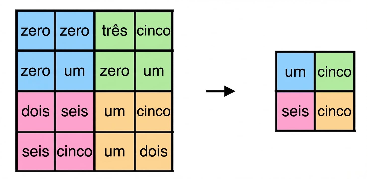 Uma matriz 4 por 4, com cada quadrante 2 por 2 em cor diferente, vira 2 por 2 após max pooling.