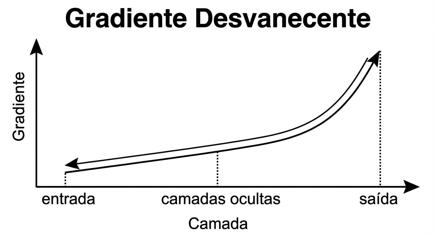 Gráficos mostrando o tamanho do gradiente versus índice da camada: nas camadas iniciais, os gradientes são menores