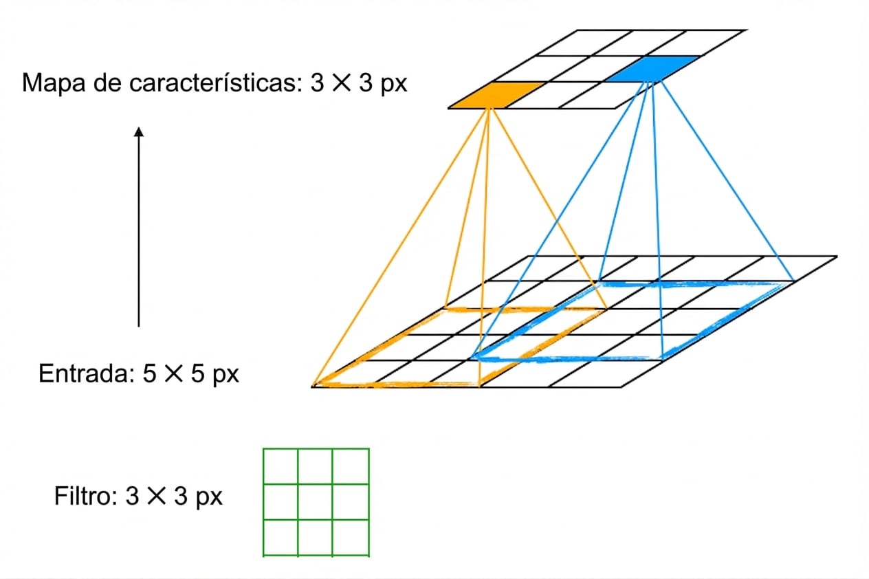 Filtro 3 por 3 desliza sobre entrada 5 por 5 para gerar um mapa de recursos 3 por 3.