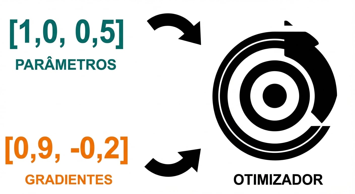 Setas mostram como os vetores de parâmetros e gradientes entram no otimizador, desenhado como um alvo.
