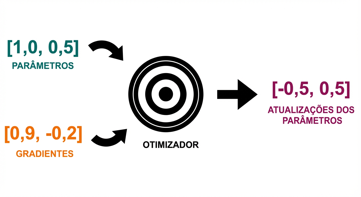 Uma seta do otimizador aponta para um vetor com duas atualizações de parâmetro: -0,5 e 0,5.