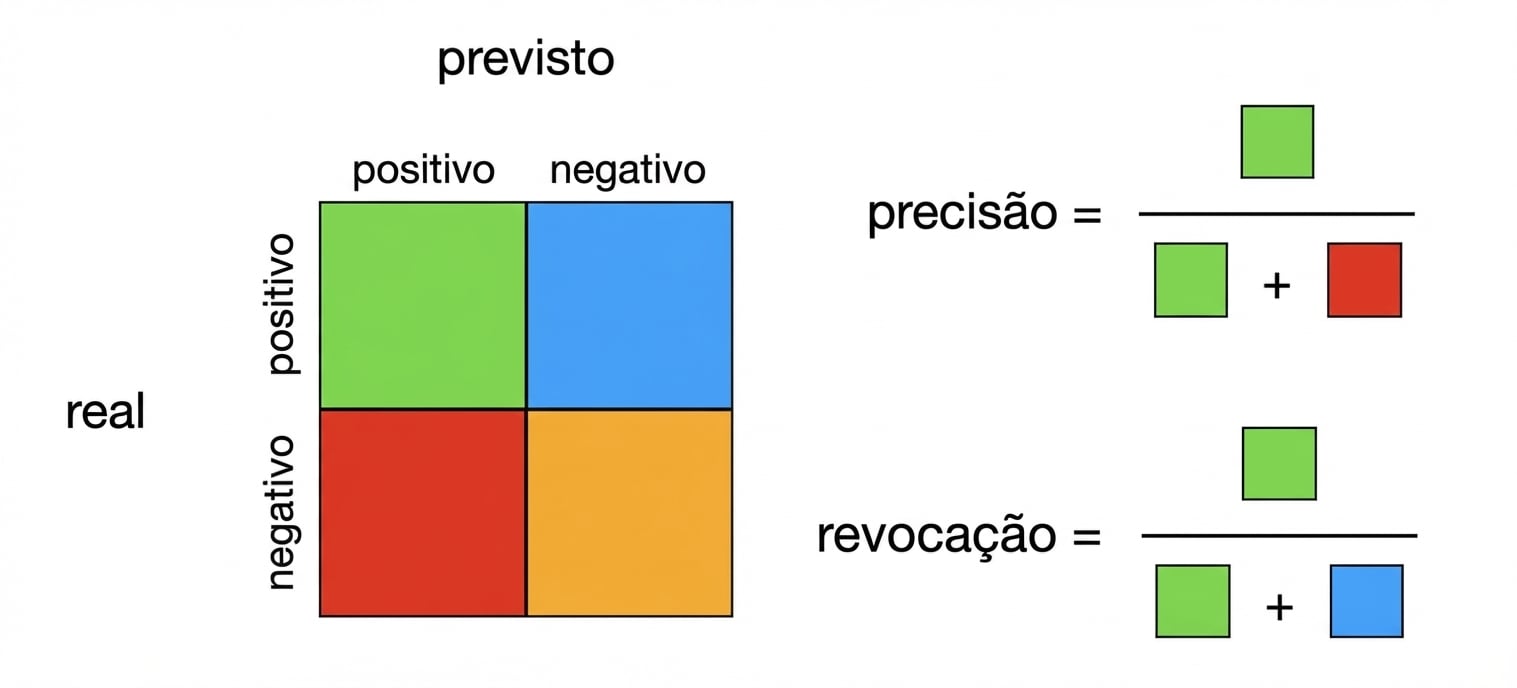 Uma matriz de confusão 2x2 com cada um dos quatro campos em uma cor diferente; ao lado, fórmulas de recall e precisão expressas pelas cores.