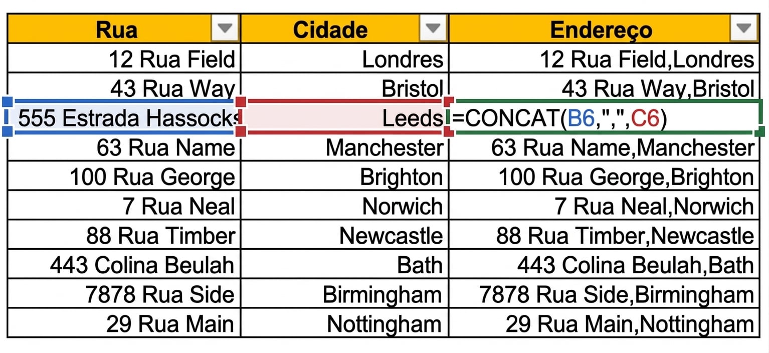 Imagem de uma tabela no Excel mostrando rua e cidade em colunas separadas, com uma terceira coluna usando a função CONCAT para combinar as informações.