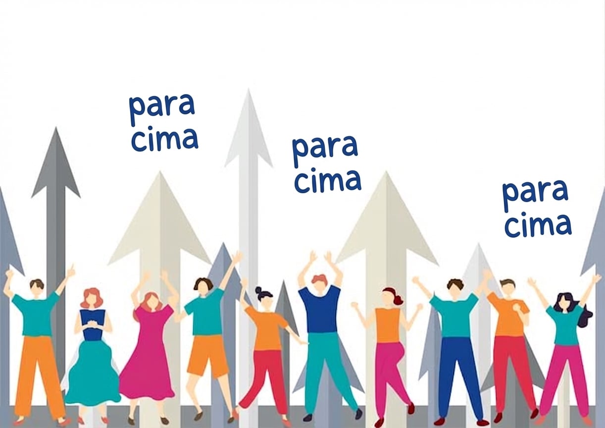 Pessoas apontando e olhando para cima, com setas para cima e a palavra up acima.