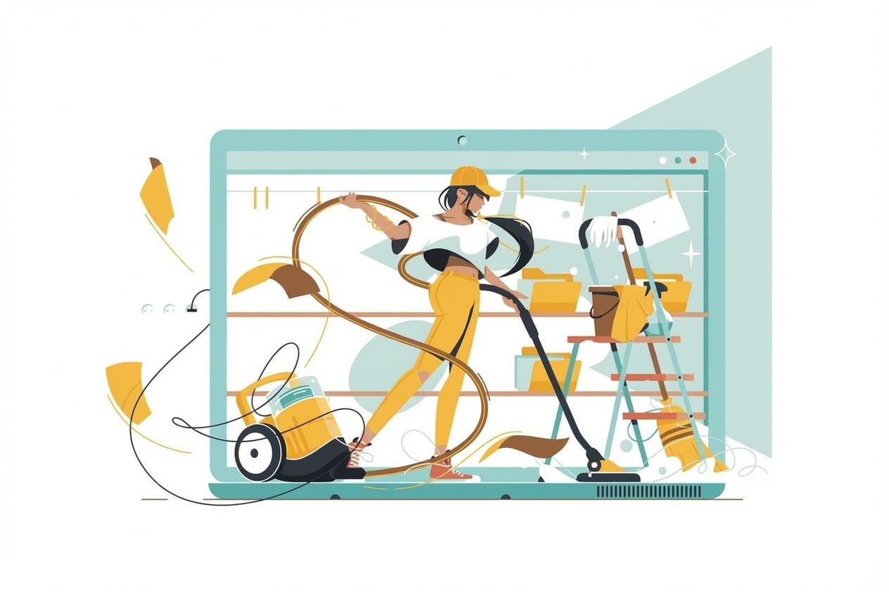 Ilustração de uma mulher limpando e organizando dados com eletrodomésticos.