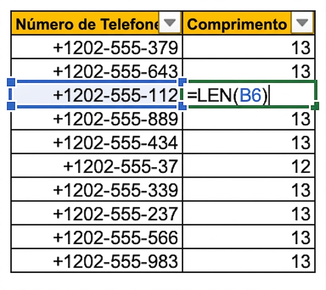 Imagem mostrando uma tabela no Excel com números de telefone em uma coluna e o uso da fórmula LEN para contar e verificar o comprimento dos valores digitados