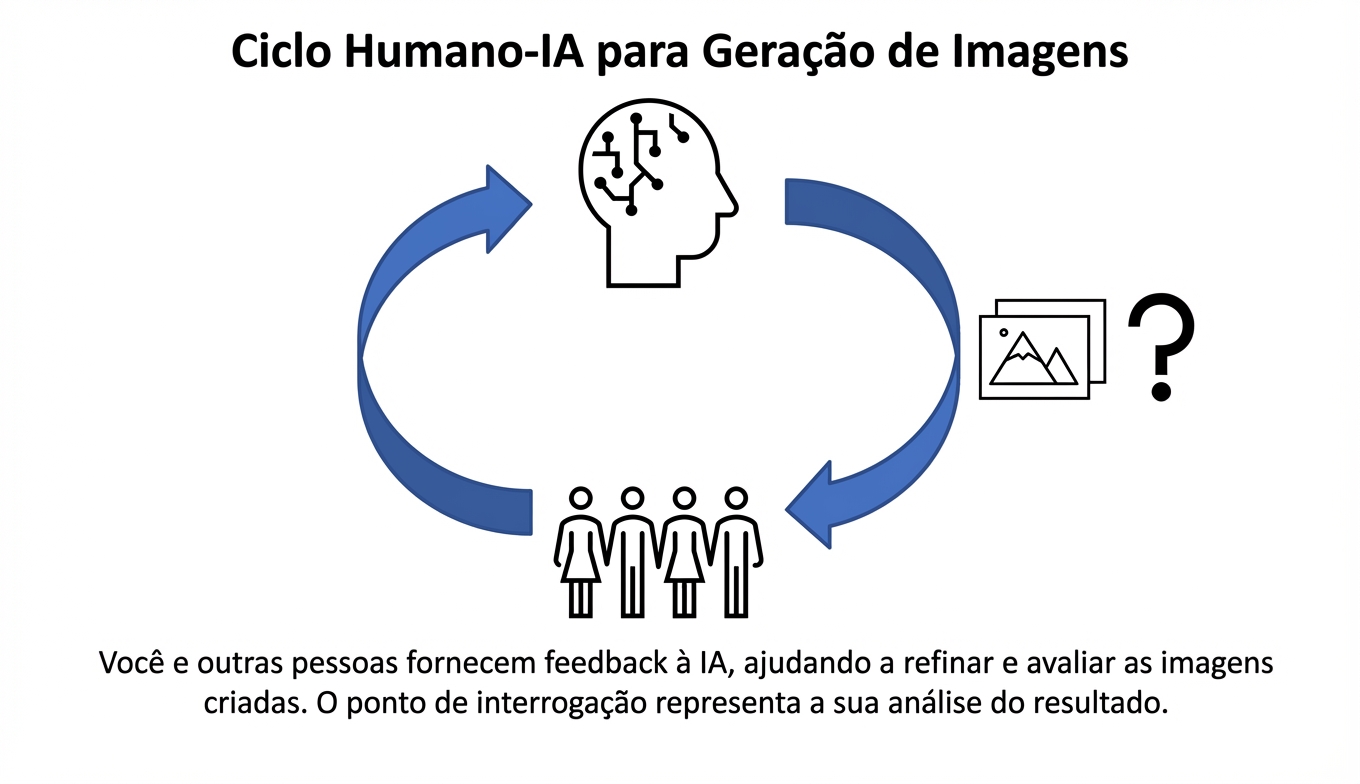 Um loop com IA na parte superior e humanos na parte inferior. Imagem com ponto de interrogação na lateral