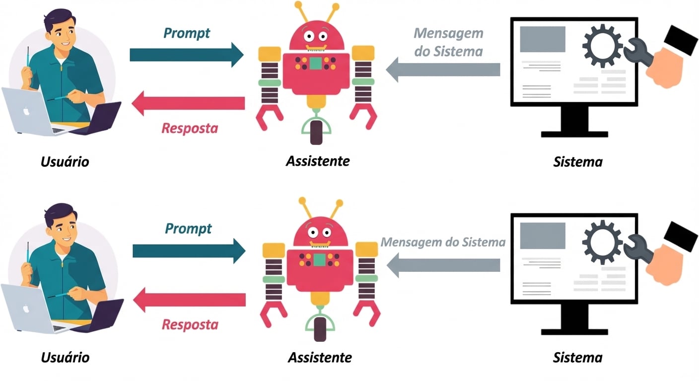 Imagem mostrando um ícone para cada um dos três papéis, com uma seta entre sistema e assistente para enviar mensagens do sistema, uma seta entre usuário e assistente para enviar um prompt e uma seta entre assistente e usuário para enviar a resposta.