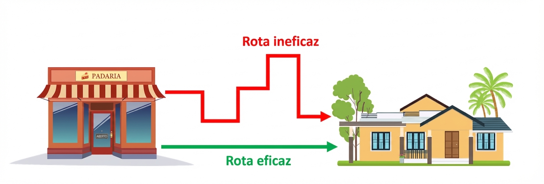 Um diagrama mostrando uma padaria e uma casa com duas rotas possíveis entre elas. Uma é simples e curta (eficaz) e a outra é complicada e longa (ineficaz).