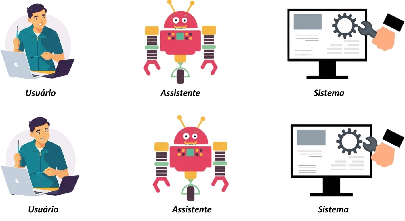Imagem mostrando um ícone para cada um dos três papéis: usuário, sistema e assistente