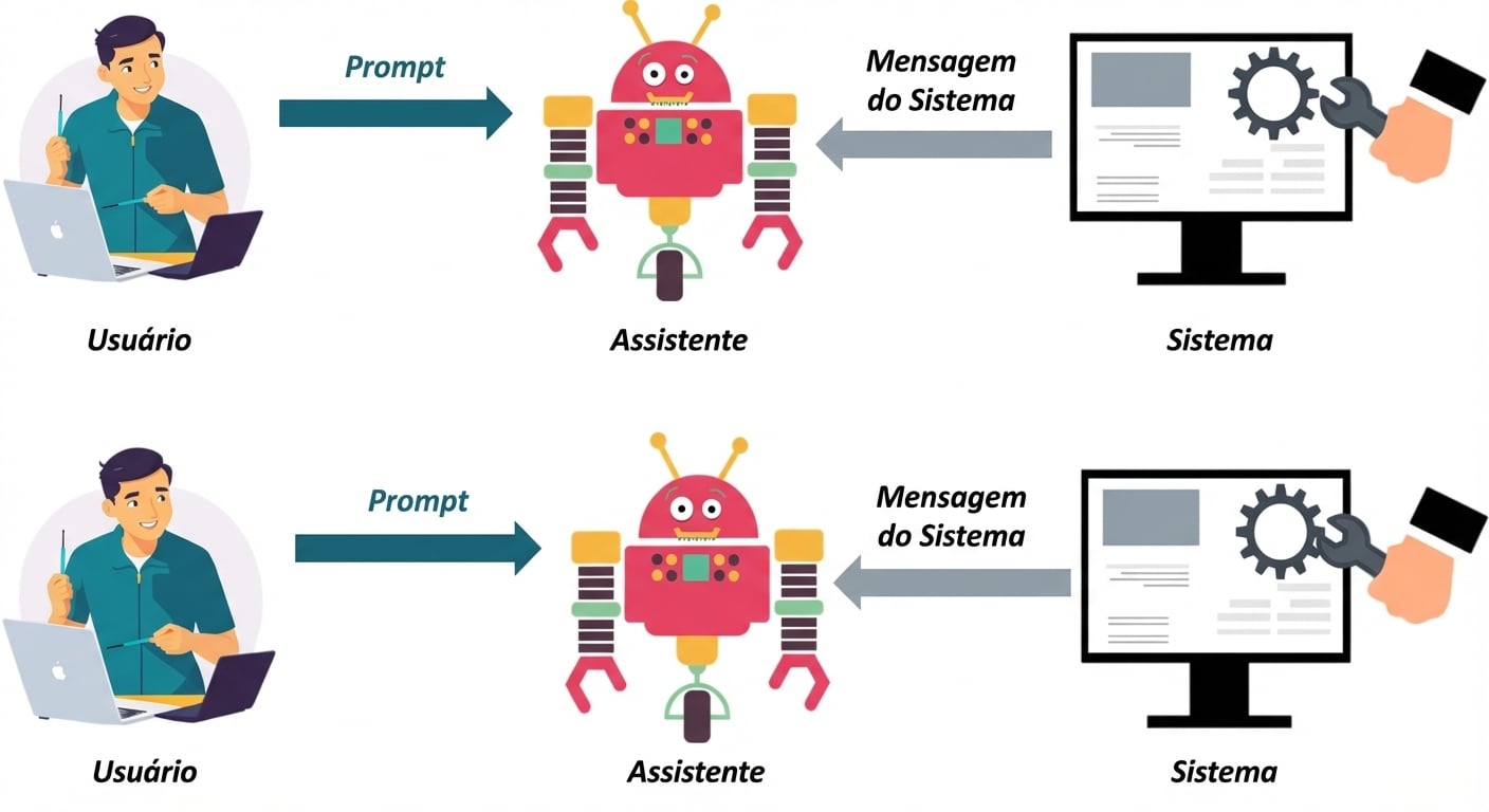 Imagem mostrando um ícone para cada um dos três papéis, com uma seta entre sistema e assistente para enviar mensagens do sistema, e outra entre usuário e assistente para enviar um prompt.