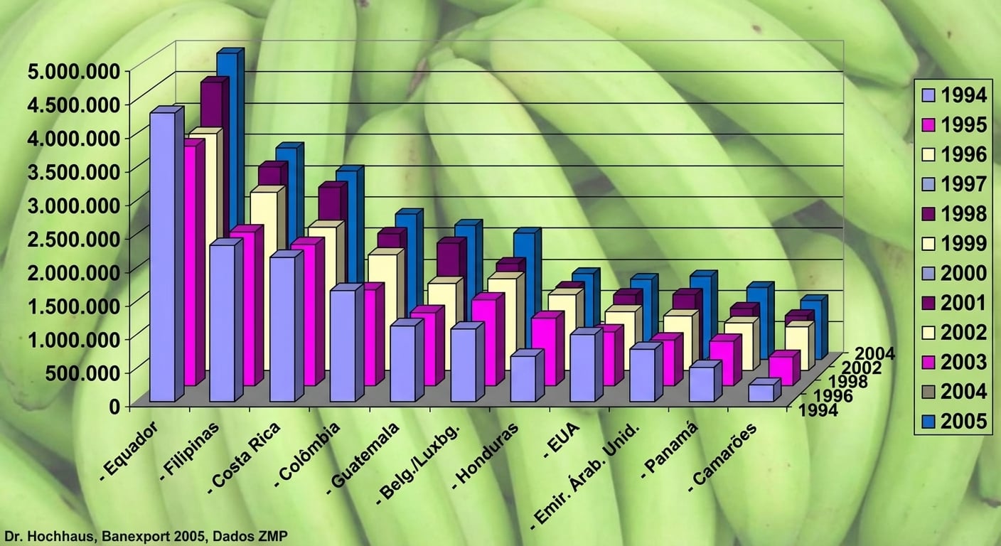 Exemplo de gráfico bem ruim mostrando exportação de bananas entre 1994 e 2005