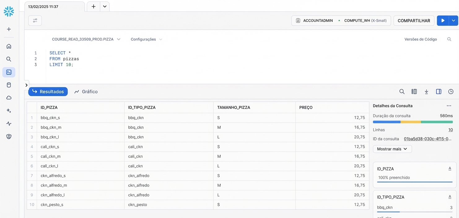 Interface web do Snowflake mostrando worksheet e resultados da consulta