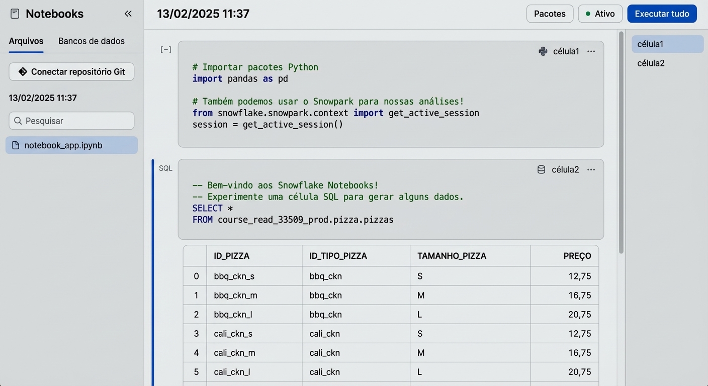 Notebook do Snowflake usando células de código Python e SQL