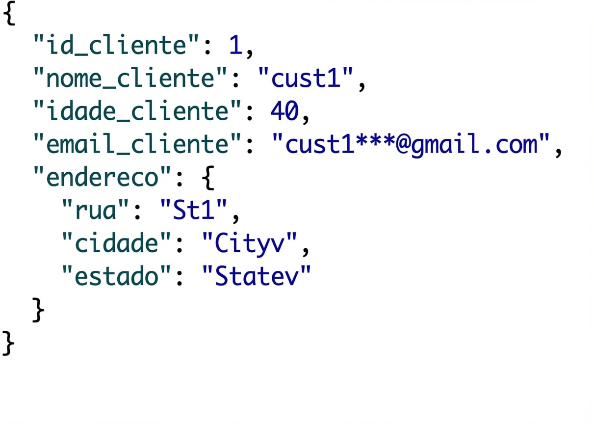 Um JSON aninhado onde address é um objeto com os pares chave-valor street, city e state