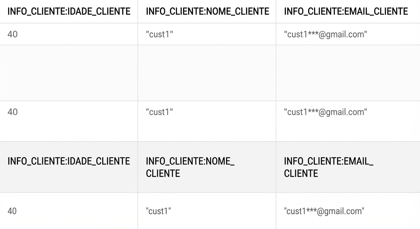Resultado da consulta mostrando idade, nome e email como colunas separadas