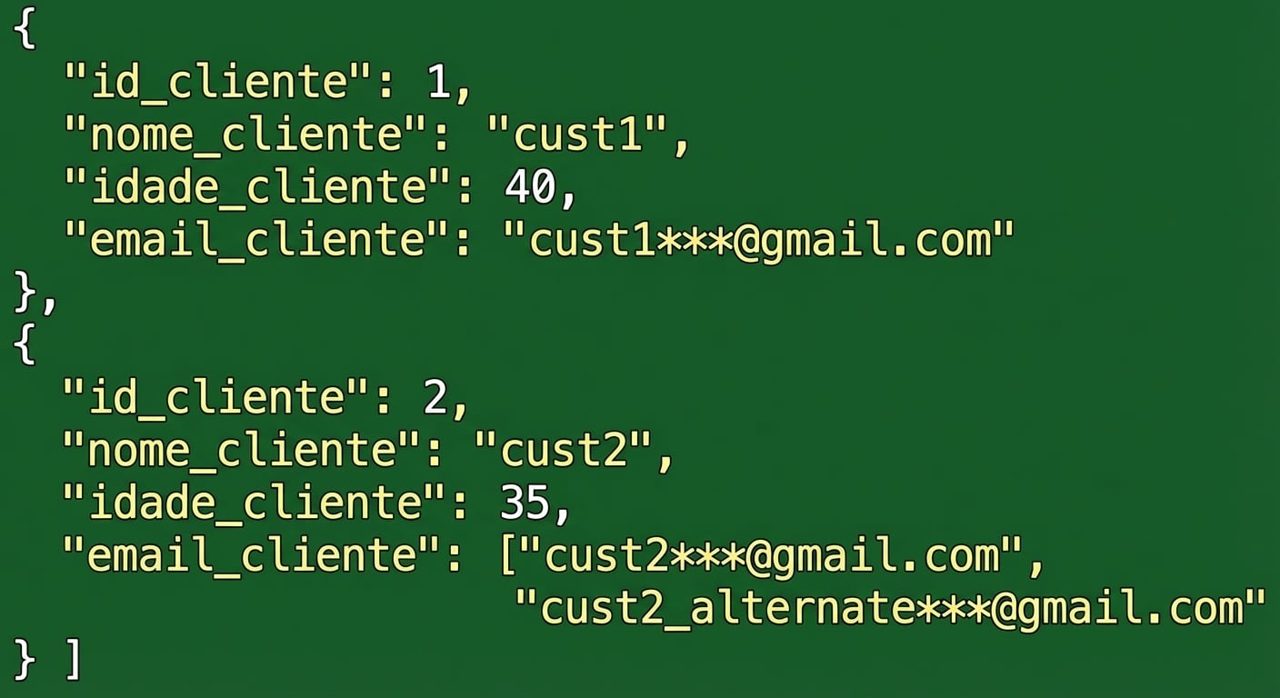 Dados de clientes semiestruturados em JSON, com o cliente 2 tendo dois e-mails