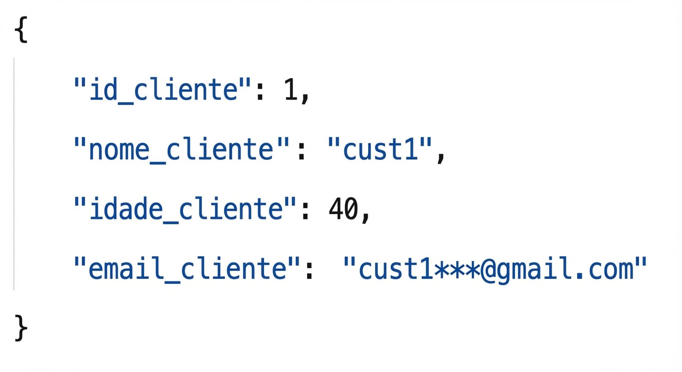 Exemplo de registros JSON de cliente com id, nome, idade e email