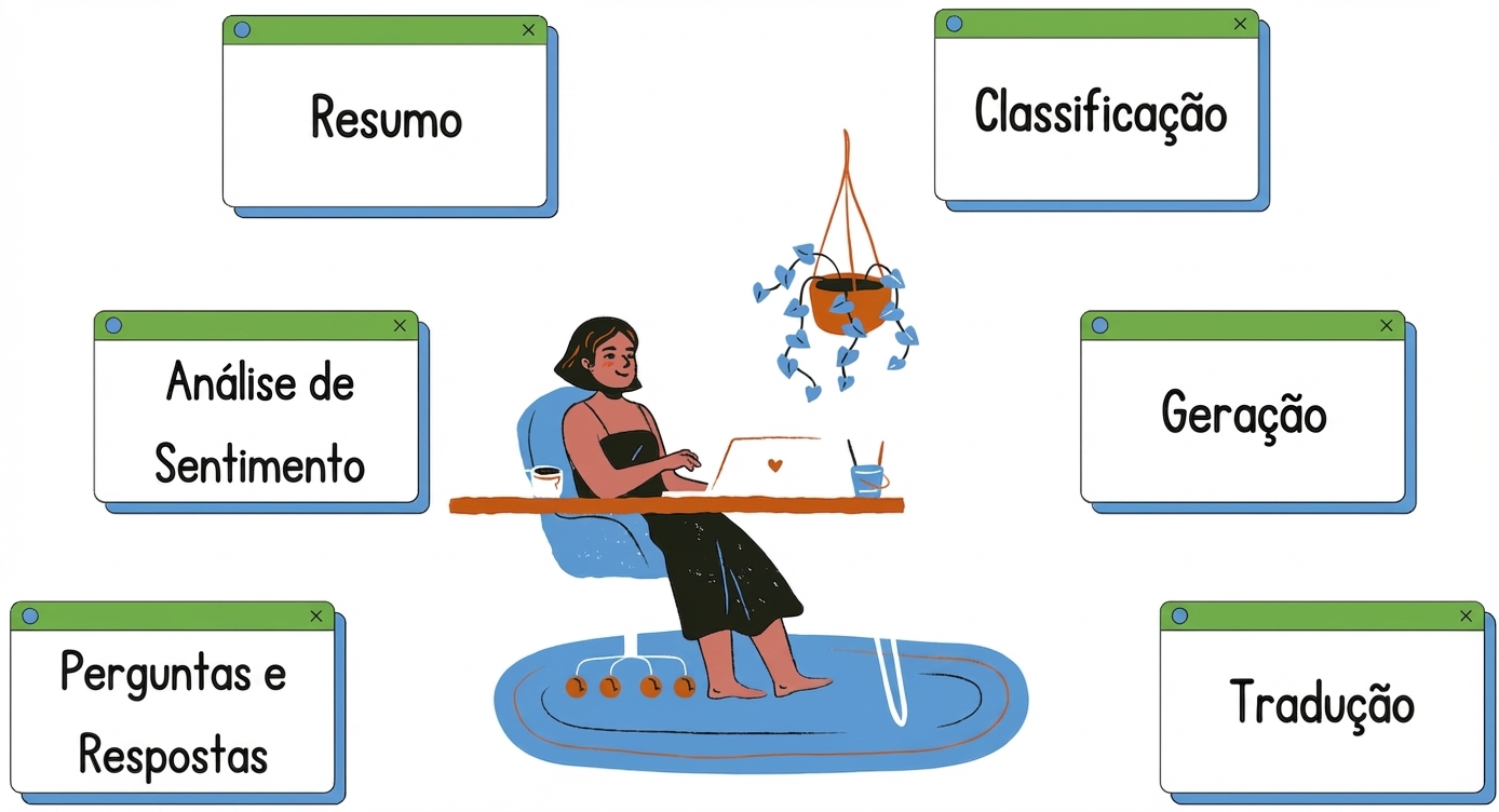 Pessoa sentada à mesa com várias tarefas ao redor ilustrando geração de texto e tradução