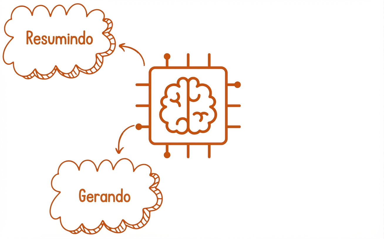 Ilustração abstrata de um modelo de linguagem grande com balões de resumir e gerar