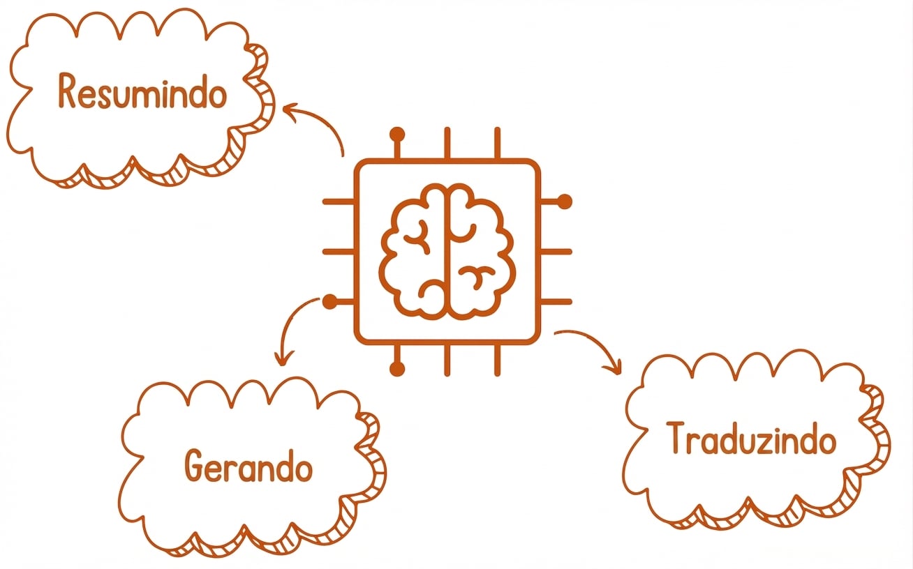 Ilustração abstrata de um modelo de linguagem grande com balões de resumir, gerar e traduzir