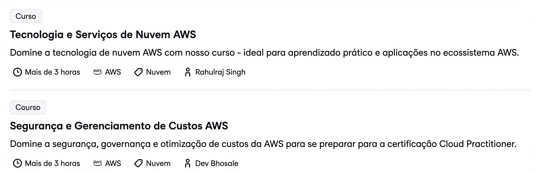 Outros cursos AWS na DataCamp: AWS Cloud Technology and Services e AWS Security and Cost Management