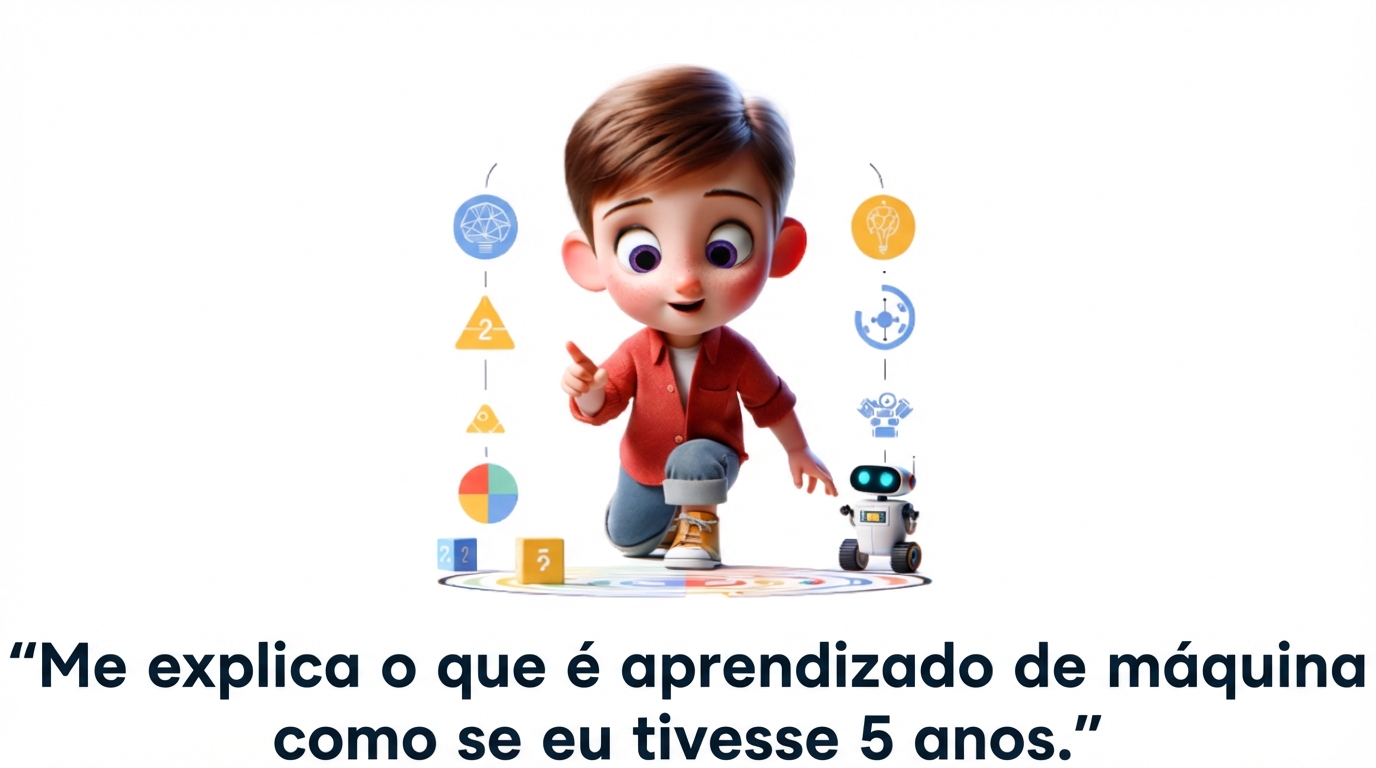 Ilustração de uma criança de cinco anos e o prompt "explique o conceito de aprendizado de máquina como se eu tivesse 5 anos"