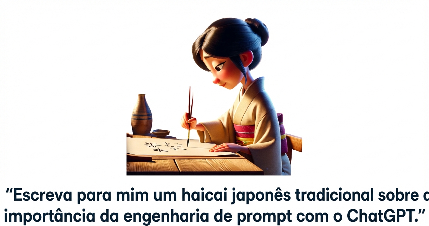 Uma pessoa escrevendo um haiku e o prompt "escreva-me um haicai tradicional japonês sobre a importância da engenharia de prompt com o chatGPT"