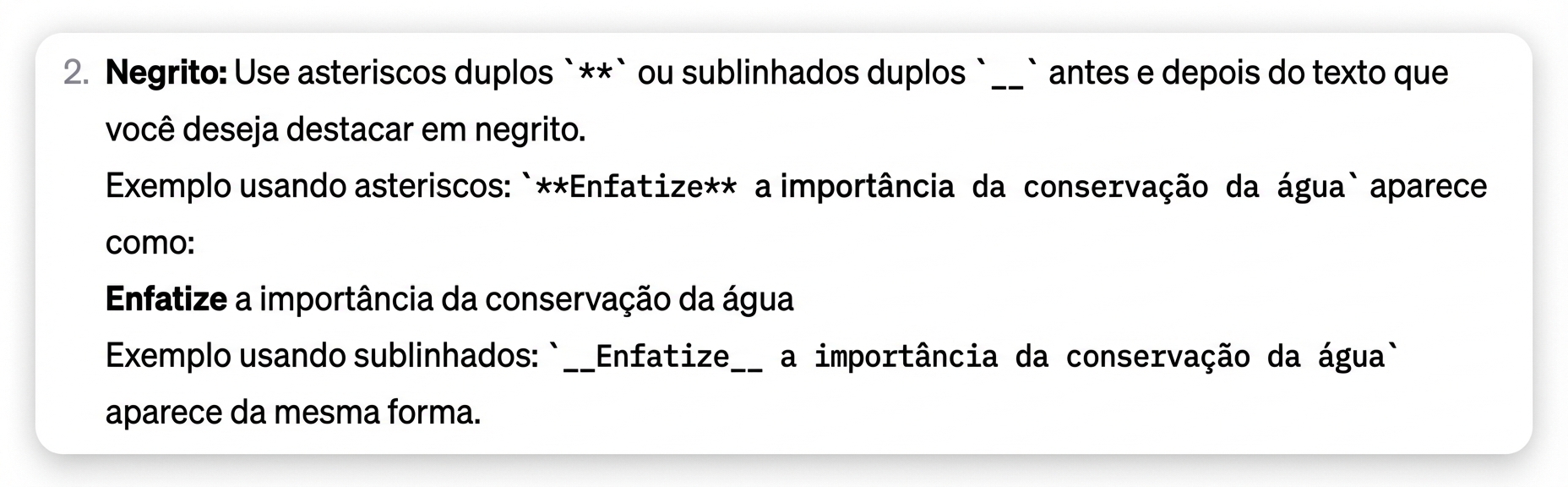 Exemplos de ênfase de texto com asteriscos ou sublinhados