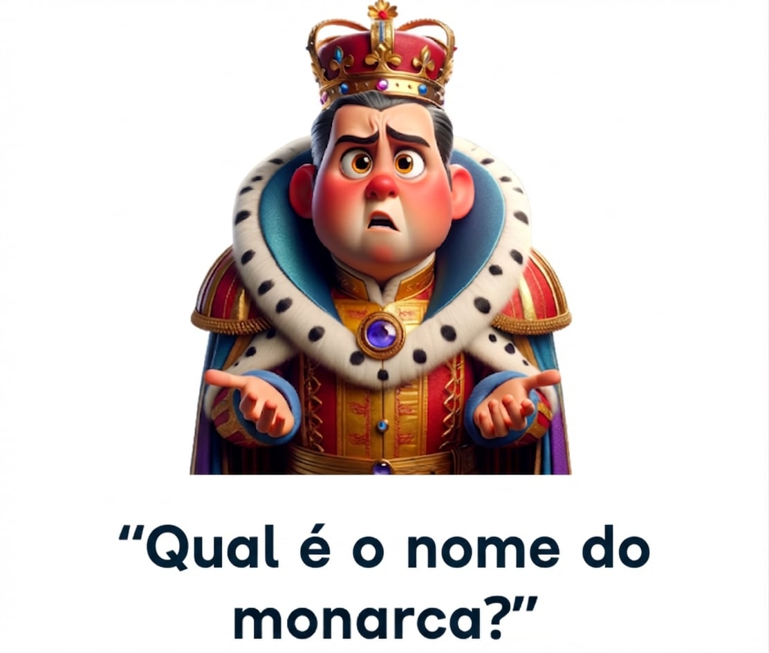 Um monarca com aparência confusa e a pergunta "qual é o nome do monarca"