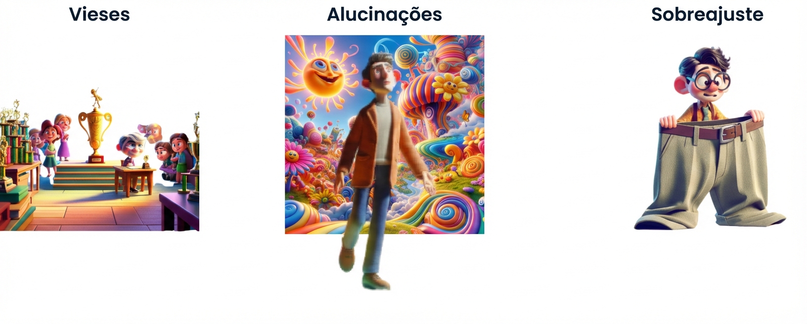 Desenho de uma criança sentada em uma mesa com um prêmio enquanto é observada por outras crianças, uma pessoa alucinando e um jovem com calças comicamente grandes