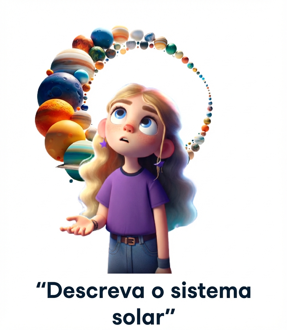 Jovem com a pergunta "descreva o sistema solar"