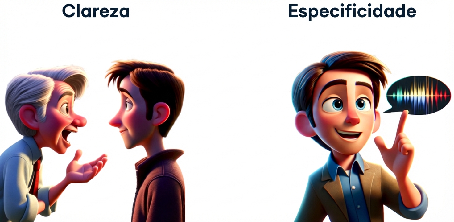 Um lado tem duas pessoas falando uma com a outra para ilustrar a clareza, o outro lado tem uma pessoa com um balão de fala para ilustrar a especificidade