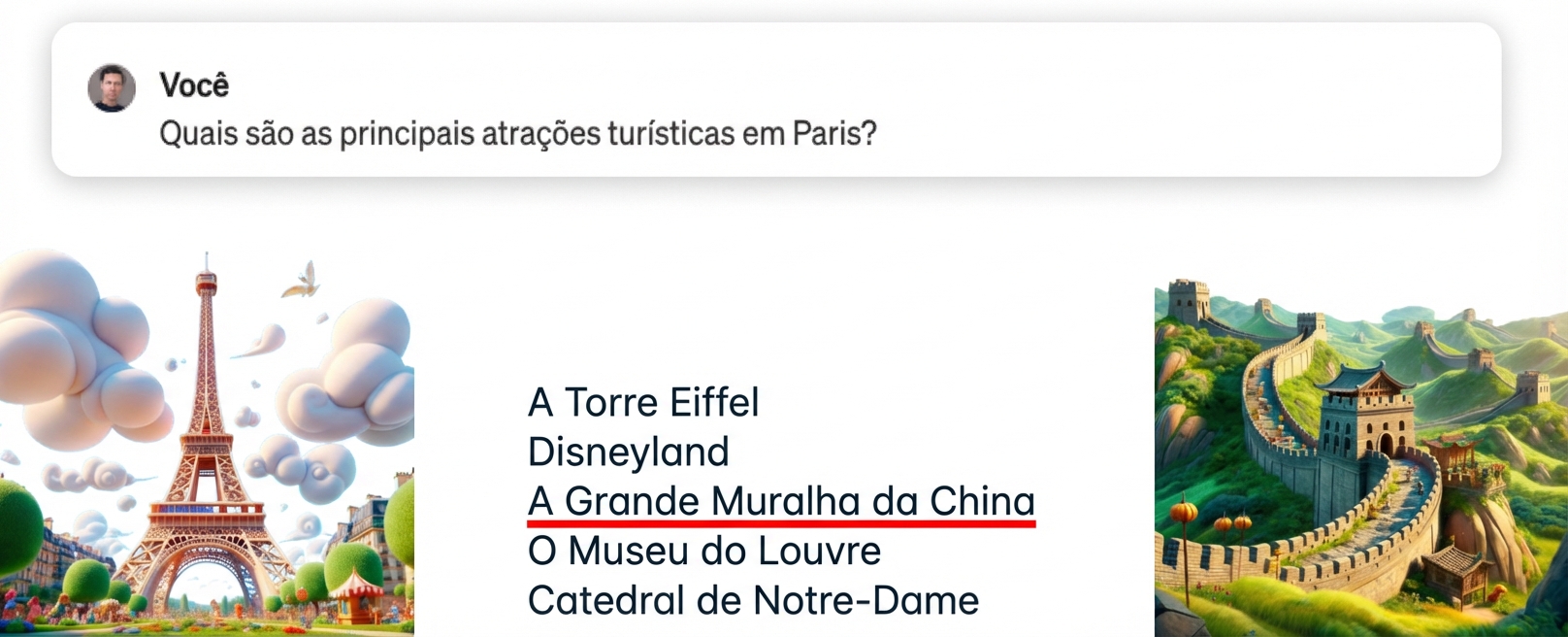 Quais são as principais atrações turísticas de Paris com resposta incorreta destacada?