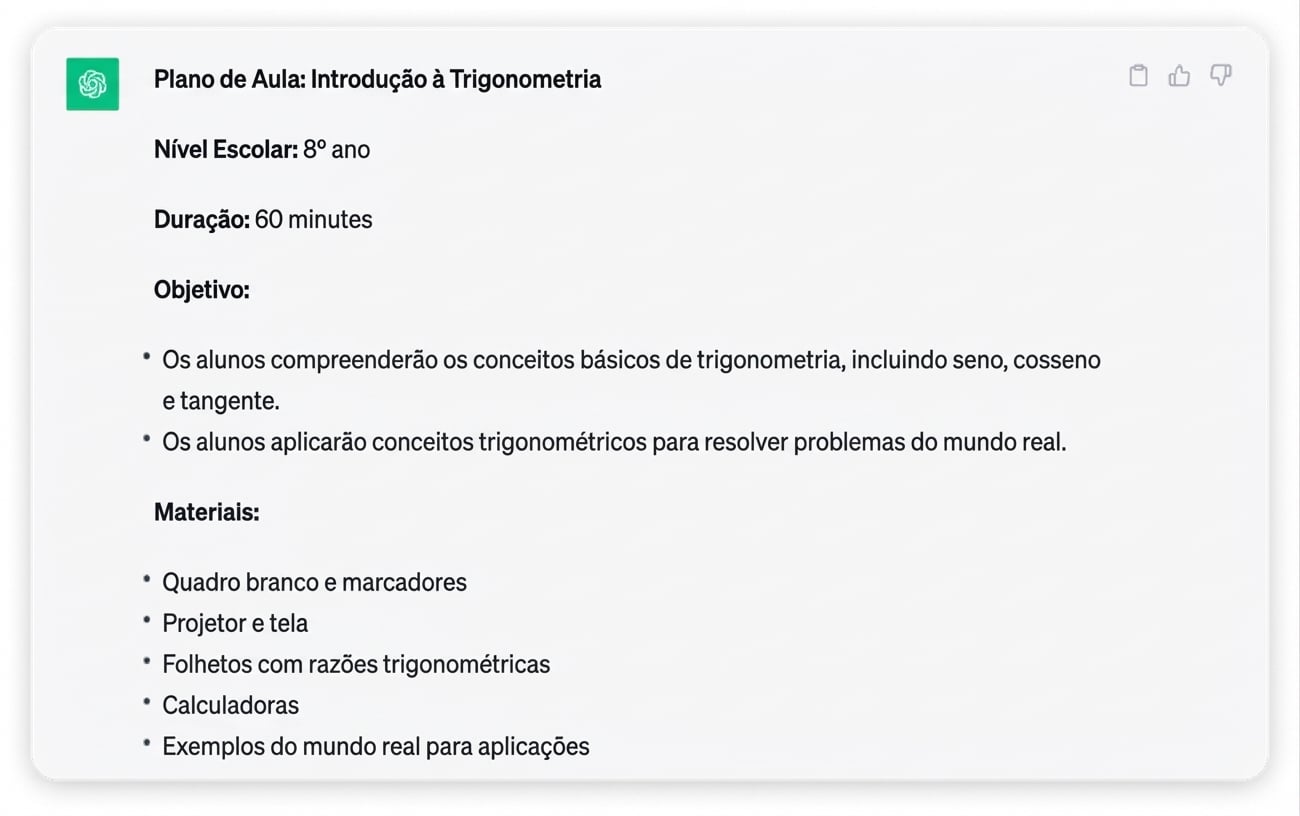 Uma captura de tela de um plano de aula detalhado gerado pelo ChatGPT