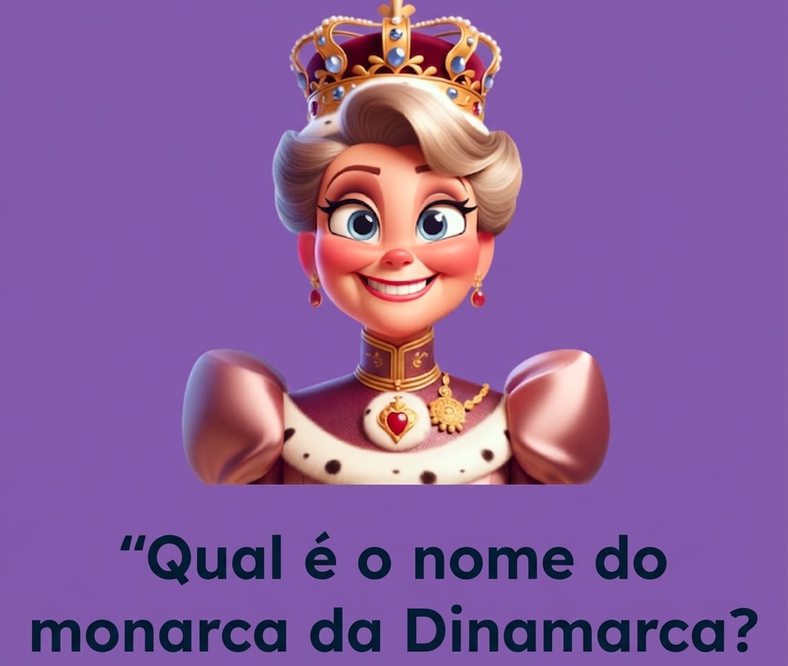 Um monarca de aparência feliz com a pergunta "qual é o nome do monarca da Dinamarca"