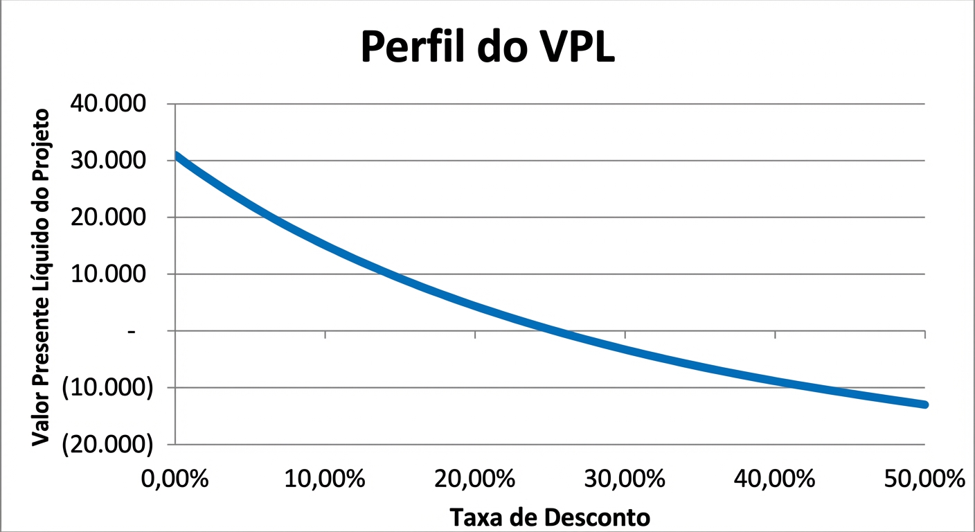 Um gráfico de linha com VPL no eixo y e taxas de desconto no eixo x. A relação é exponencialmente negativa.