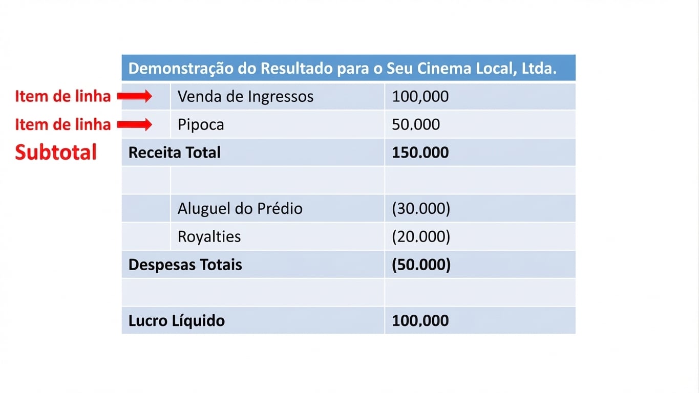 DRE com linhas e subtotais destacados para receita